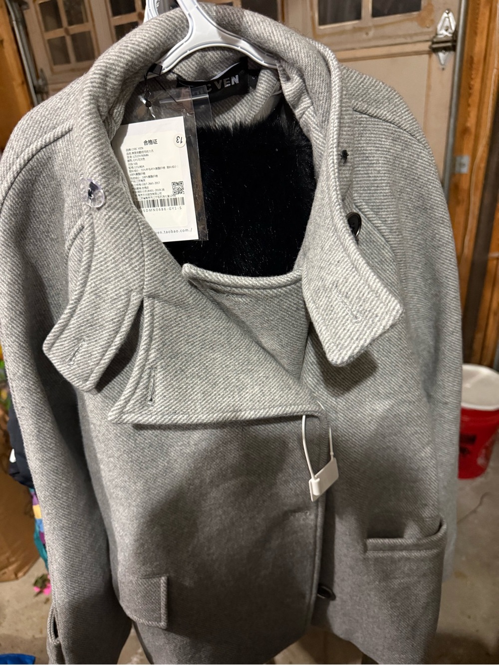 Gray Wool-Blend Peacoat with Faux Fur Trim